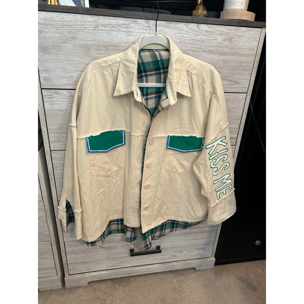 Wren and Glory Kiss Me Jacket One Size Hand Painted Shamrock Plaid Layered Cream - Picture 4 of 8